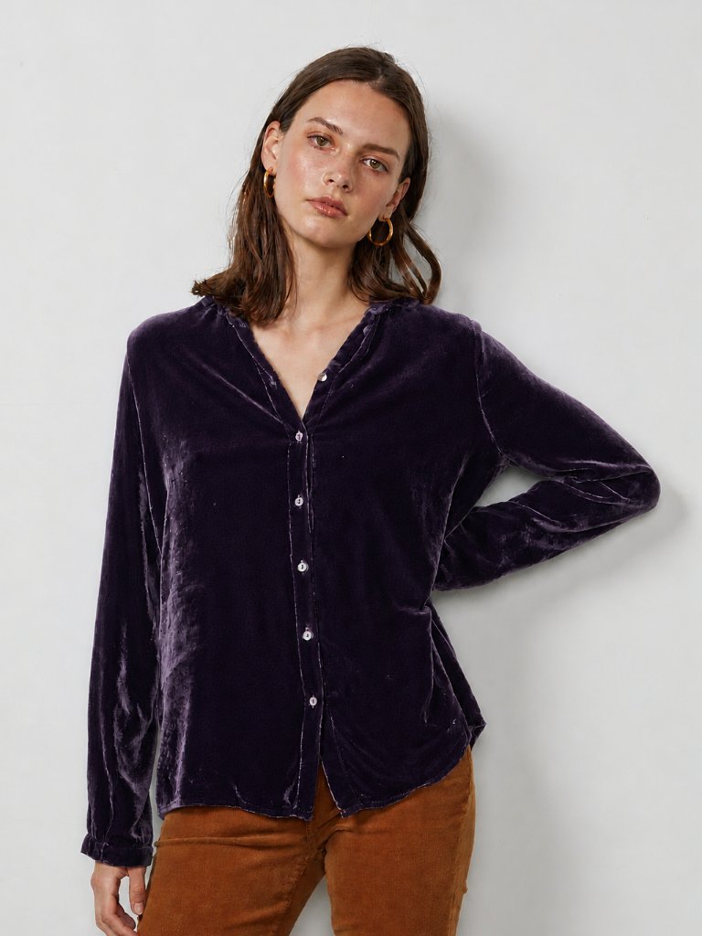 Velvet By Graham & Spencer Jensine Purple Silk Velvet Button Up Blouse, Size S